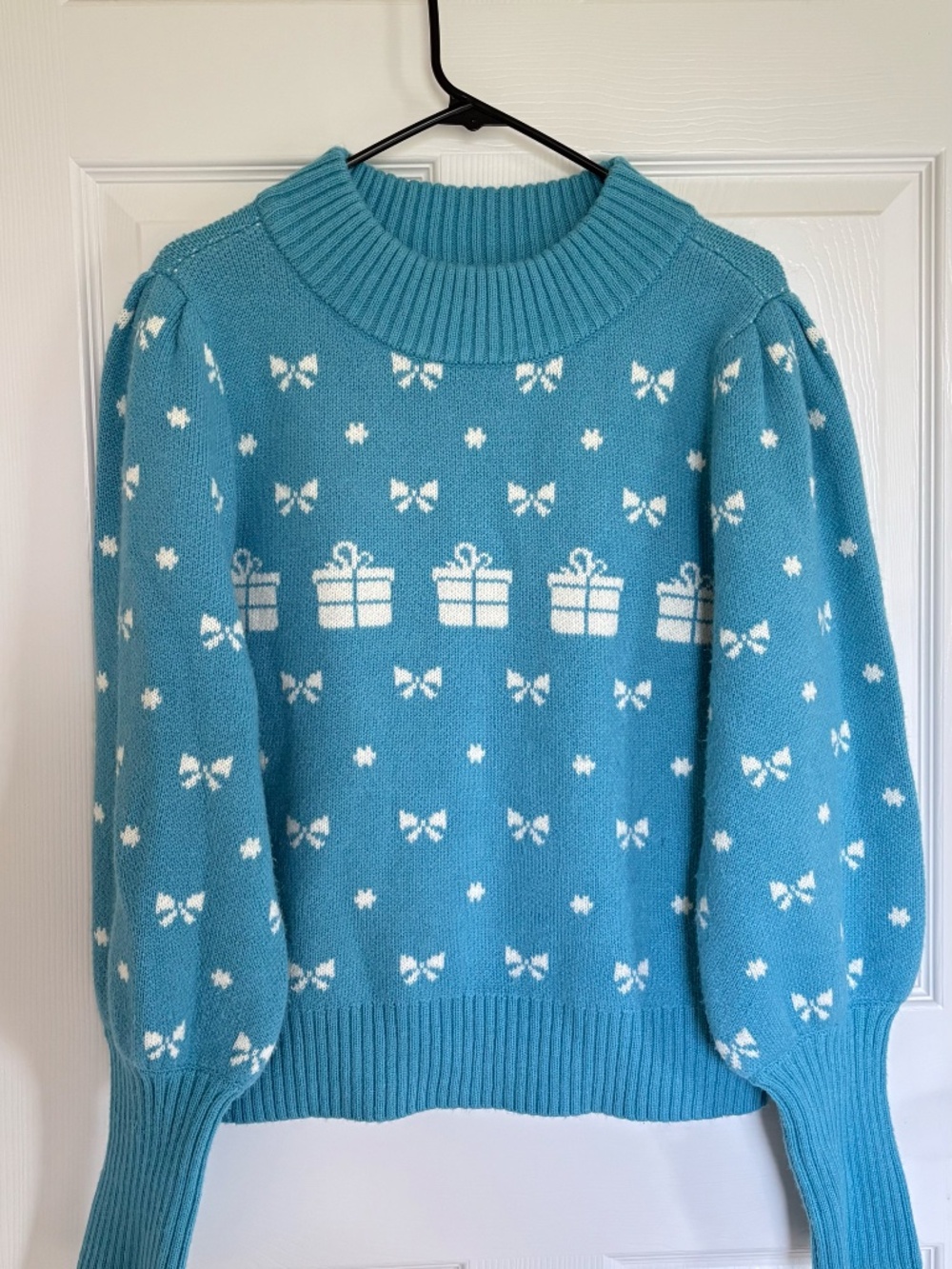 Sugarlips Womens XL Ugly Christmas Sweater Blue Bows Gift Box Mock Neck Pullover